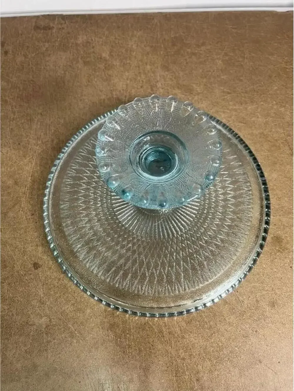 Blue Pressed Glass Pedestal Cake Stand Beaded Edge Retro Round Dessert Tray